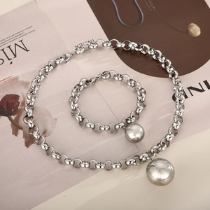 Industrial style silver stainless steel chunky chain jewelry set with ball pendants