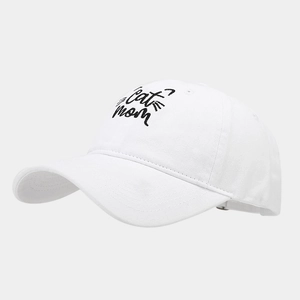 Detail of CAT MOM embroidery and cat ear motif on white cotton baseball cap