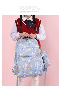 Detail of light blue school backpack with rainbow prints and matching hanging pencil case