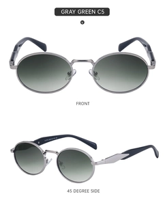 Detailed macro view showing green gradient lenses and blue silver-decorated temples of sunglasses