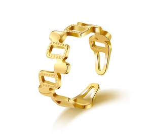 Macro detail of 18k gold plated irregular geometric cutout ring with hollow design