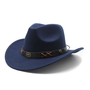 Detailed close-up of dark blue felt fedora featuring a vintage brown leather belt band