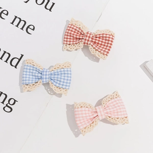 Three-piece set of plaid gingham bow accessories with elegant cream lace trim