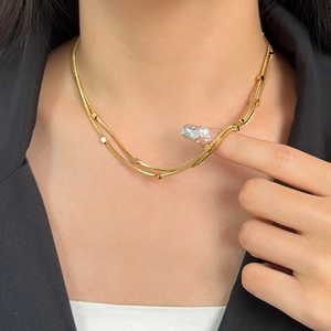 Minimalist 18K gold-plated double-layer snake chain necklace with gold cube charms for women