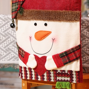 Cartoon snowman chair cover with 3D heart and plaid sleeve for Christmas dining decor