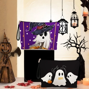 Trousses de maquillage fantôme d'Halloween en violet et noir avec motifs Spooky Season et zip