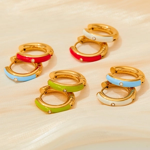 Stainless Steel Hoop Earrings With Colorful Enamel And Cubic Zirconia For Women Retro Creative Huggie Style