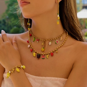 Luxury gold stainless steel summer fruit jewelry set with necklace earrings and bracelet