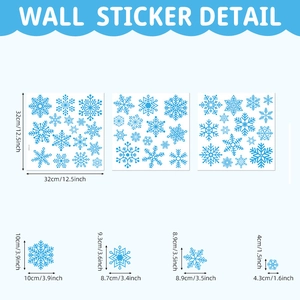 Detailed size chart for blue snowflake wall stickers showing dimensions in cm and inches