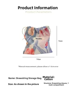 Floral cotton drawstring pouch measuring 14x16cm with Sozakka label and cord closure