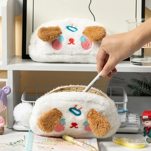 Trousse à maquillage et à crayons mignonne en peluche de chien blanc brodée