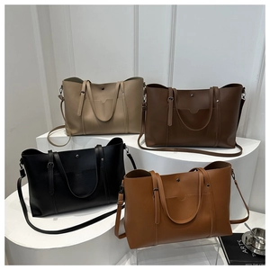 Large soft PU leather tote bag set in black, dark brown, caramel, and beige colors