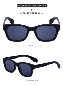 Front and 45-degree side view of matte black polarized sunglasses with grey lenses