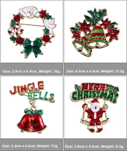 Detail view of four festive Christmas brooches with vintage alloy finish and enamel colors