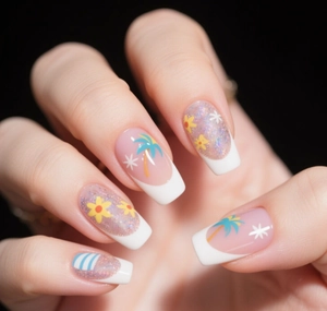 Detail of square press-on nails with white French tips, floral and palm tree patterns