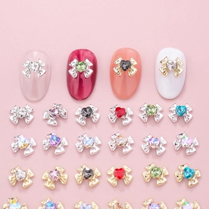 Charming bow nail charms with colorful heart crystals and silver/gold alloy bases