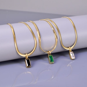 Rectangle Emerald Zircon Pendant Necklace 18K Gold Plated 316L Stainless Steel Snake Bone Clavicle Chain For Women