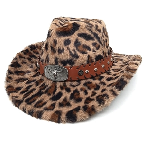 Detail of leopard print faux fur cowboy hat with bull head metal buckle and star stud decor