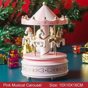 Pink wooden carousel music box Christmas gift with white horses 10x10x16cm size
