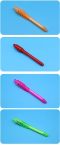 Detail view of colorful UV magic pens in orange, red, pink, and green with side switches