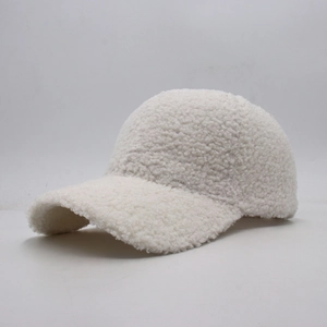 Side view of white lamb wool baseball cap with soft sherpa texture and curved brim