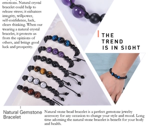 Detailed collage of adjustable 12mm amethyst and tiger eye natural gemstone bracelets