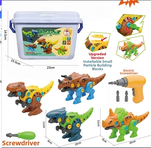 Detail view of DIY dinosaur assembly toy set with electric screwdriver and storage case