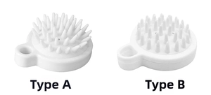 White silicone scalp massage brushes in Style A and B with flexible bristles and hanging hole