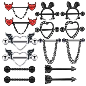 Stainless Steel Heart Nipple Piercing Ring For Women Men Chain Body Jewelry Punk Gothic Nipple Barbell Piercing Rhinestone Decor