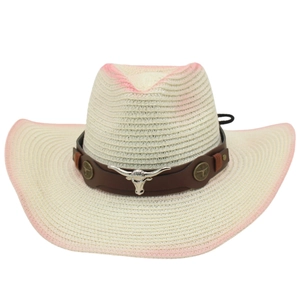 Western straw sun hat with pink gradient brim and silver bull head leather band