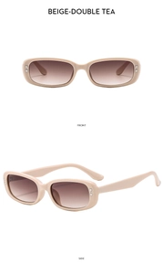 Front and side views of beige rectangular sunglasses with gradient brown lenses