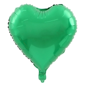 Detail of a 18-inch green heart-shaped foil balloon with shiny reflective surface