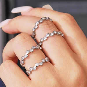 Silver stackable bubble rings with round cut cubic zirconia in 18K gold plated steel