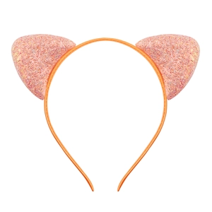 Close-up of pink glitter cat ears on an orange thin headband for kids and girls