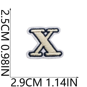 Detail shot of letter X embroidery patch with beige base and navy blue border measuring 2.9x2.5cm
