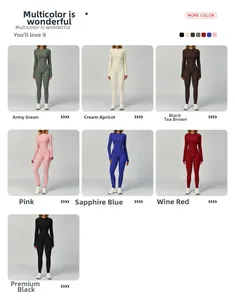 Detailed palette of seven colored long-sleeved athletic jumpsuits in a studio grid layout