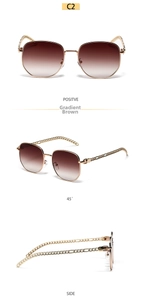 Detailed views of square oversized sunglasses with gold chain temples and gradient brown lenses