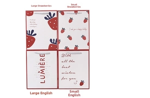 Set of four red and white strawberry gift bags with elegant silver silk handles