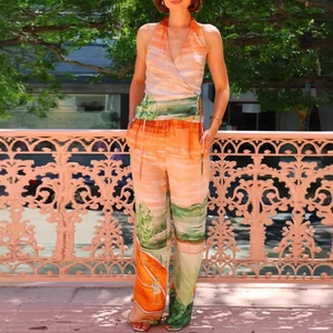 Halter Top And Wide Leg Pants Women Polyester Landscape Print V Neck High Waist Summer Vacation Streetwear