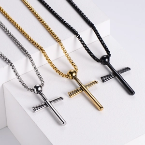 Polished stainless steel baseball bat cross pendant necklaces in gold, silver, and black
