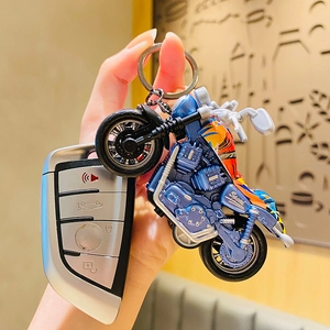 Cartoon alloy pullback motorcycle keychain in blue and orange for car keys and bags