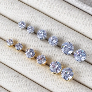 Classic Round Cubic Zirconia Stud Earrings With Copper Earring Post Four Claw Setting Shiny Fashion For Women