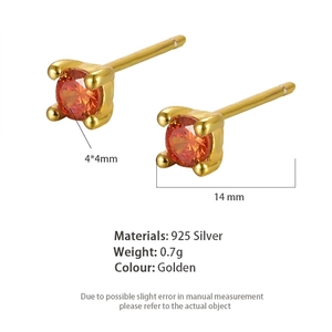 S925 sterling silver stud earrings with 4mm round orange zircon and golden finish