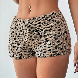 Women Leopard Print Sequined Shorts Low Waist Sexy Sparkly Faux Fur Fuzzy Hot Pants Clubwear Night Out Slim Fit Bottoms