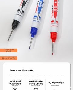 Macro view of 20mm long nib deep hole markers in black, blue, and red waterproof ink