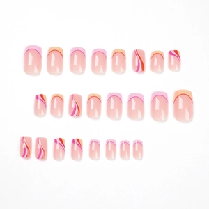 Coffret de 24 faux ongles carrés à coller avec design à vagues roses et orange vif