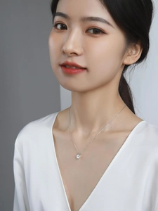 Close-up of D color moissanite pendant on S925 sterling silver chain worn by a model
