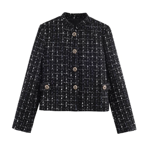 Classic black and blue tweed jacket with textured metallic patterns and gold relief buttons
