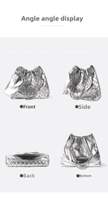 Four angles showing a silver woven tote bag with chain strap and matching small pouch