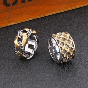 Hip Hop Men Ring Stainless Steel Gold Silver Two Tone Hollow Cuban Link Band With Rhinestone Industrial Punk Jewelry